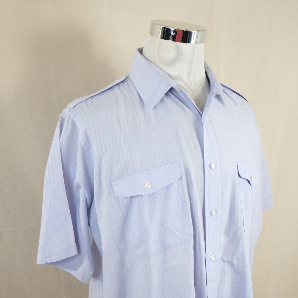 Christian Dior XL Vintage Shirt Blue Striped Epaulets Short sleeve Cotton Mens